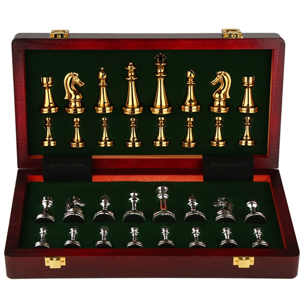 Balerz Chess Set with Wooden Chessboard Metal International Chess Pieces Family Board Game Toys Indoor Decoration for Adult Kids Gifts