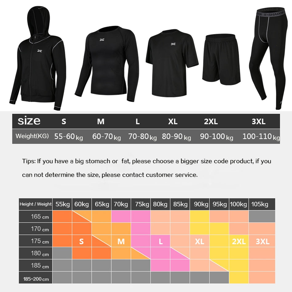 Balerz 5 Pcs/Set Men&#39;s Tracksuit Gym Fitness Compression Sports Suit Clothes Running Jogging Sport Wear Exercise Workout Tights