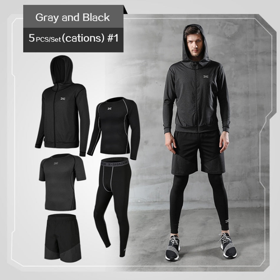 Balerz 5 Pcs/Set Men&#39;s Tracksuit Gym Fitness Compression Sports Suit Clothes Running Jogging Sport Wear Exercise Workout Tights