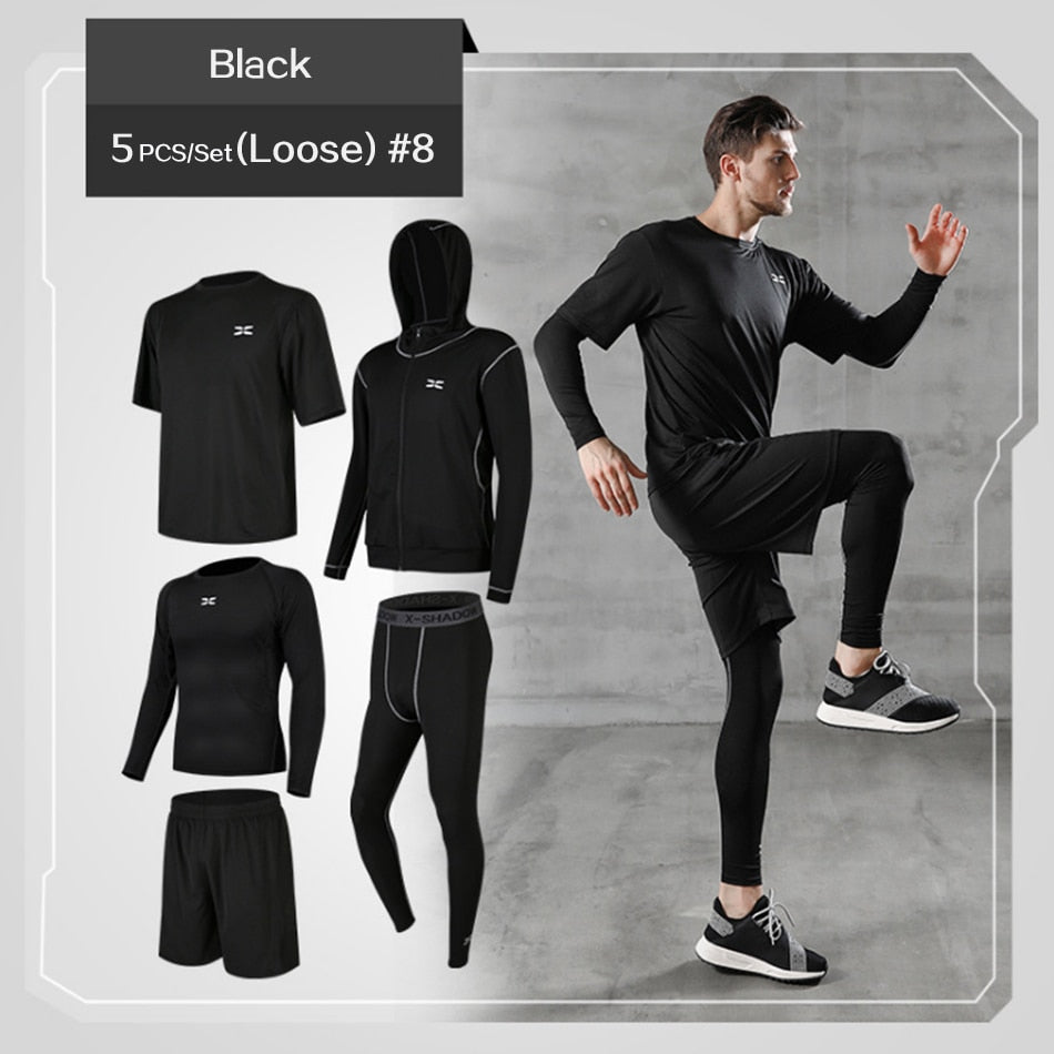 Balerz 5 Pcs/Set Men&#39;s Tracksuit Gym Fitness Compression Sports Suit Clothes Running Jogging Sport Wear Exercise Workout Tights