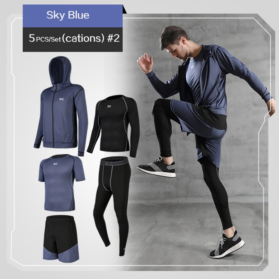 Balerz 5 Pcs/Set Men&#39;s Tracksuit Gym Fitness Compression Sports Suit Clothes Running Jogging Sport Wear Exercise Workout Tights