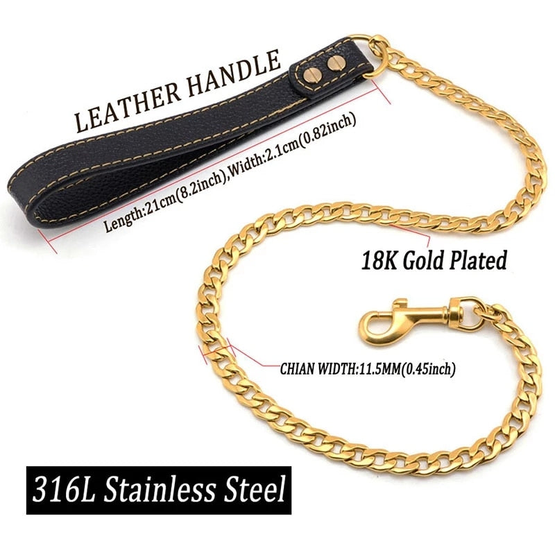 Balerz 18K Golden Dogs Leash with Collar Suit Cuban Link Chain with PU Leather Handle for Dog Lead