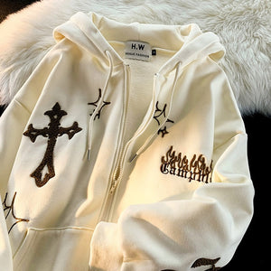 Balerz Gothic Embroidery Hoodies Women Retro Harajuku Hip Hop Jacket High Street Zip Up Hoodie Casual Loose Sweatshirt Clothes Y2K Tops