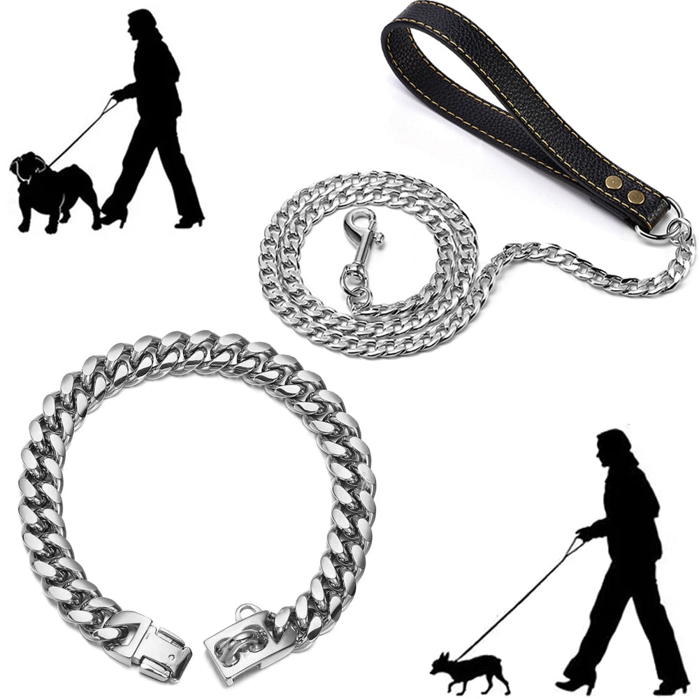 Balerz 18K Golden Dogs Leash with Collar Suit Cuban Link Chain with PU Leather Handle for Dog Lead