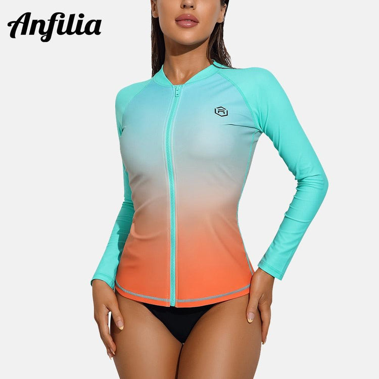 Balerz Anfilia Women Long Sleeve Rash Guard Sun Protection Zipper Color Block Gradient Swimsuit Top