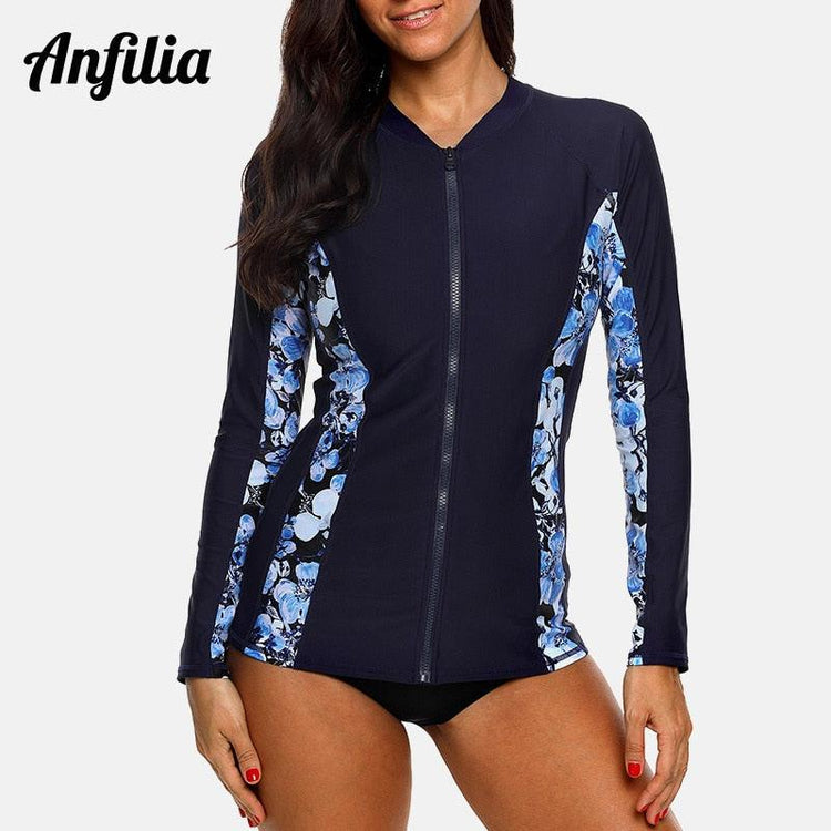 Balerz Anfilia Women Long Sleeve Zipper Rashguard Top Floral Print Rush guard Swimwear Surfing Running Shirts Swimsuit UPF50+