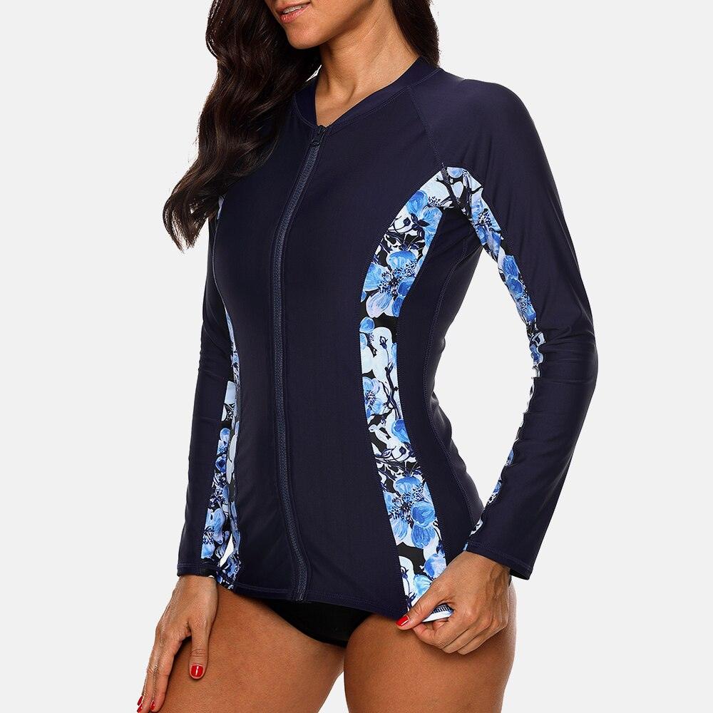 Balerz Anfilia Women Long Sleeve Zipper Rashguard Top Floral Print Rush guard Swimwear Surfing Running Shirts Swimsuit UPF50+