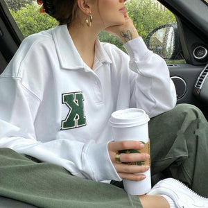 Balerz Women's Retro White Oversize Long Sleeve Polo Sweater