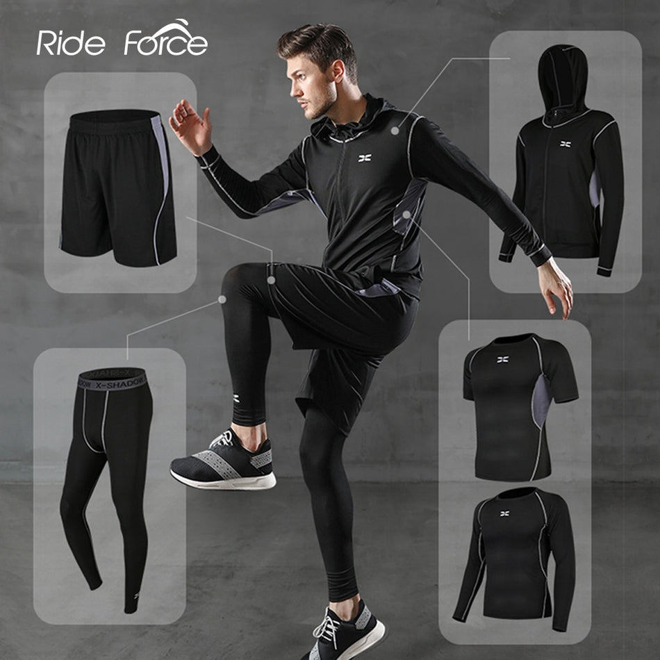 Balerz 5 Pcs/Set Men&#39;s Tracksuit Gym Fitness Compression Sports Suit Clothes Running Jogging Sport Wear Exercise Workout Tights