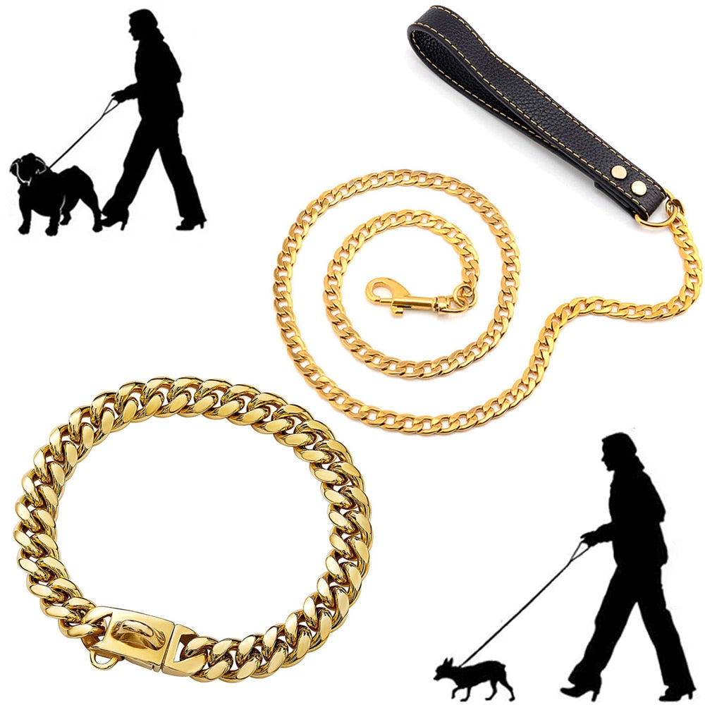 Balerz 18K Golden Dogs Leash with Collar Suit Cuban Link Chain with PU Leather Handle for Dog Lead