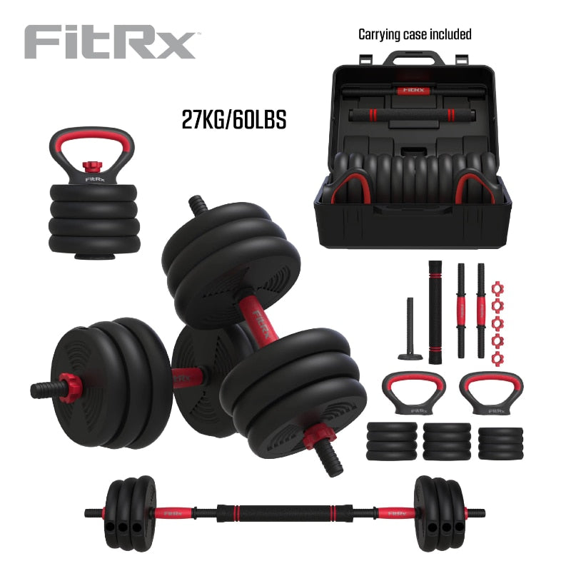 Balerz FitRx SmartBell Gym, 60lb 4-in-1 Portable Interchangeable Dumbbell, Barbell, and Kettlebell Set with Adjustable Weights