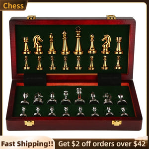 Balerz Chess Set with Wooden Chessboard Metal International Chess Pieces Family Board Game Toys Indoor Decoration for Adult Kids Gifts